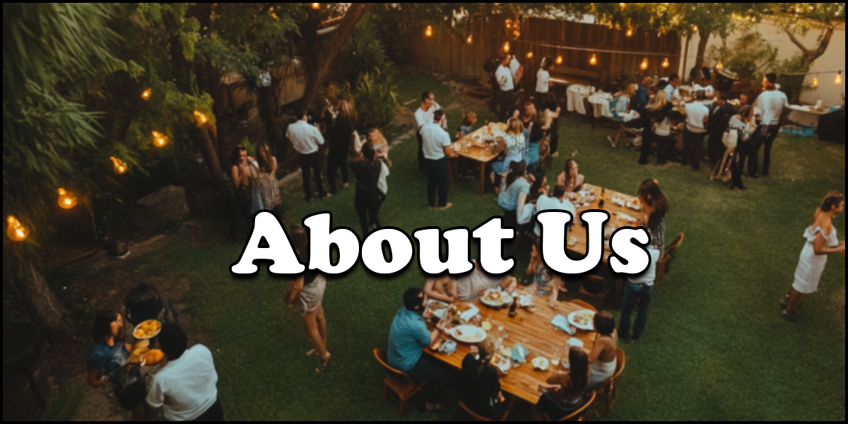 A group of people gather outdoors in a backyard setting with string lights, tables, and food; text "About Us" is overlaid in large font.