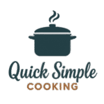 A graphic of a cooking pot with steam above it, and the text "Quick Simple Cooking" below in black and brown fonts.