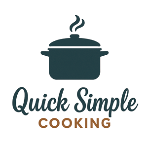 A graphic of a cooking pot with steam above it, and the text "Quick Simple Cooking" below in black and brown fonts.