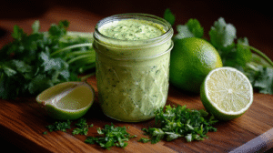 A glass jar of vibrant Avocado Cilantro Lime Sauce sits on a wooden board, surrounded by fresh cilantro and halved limes.