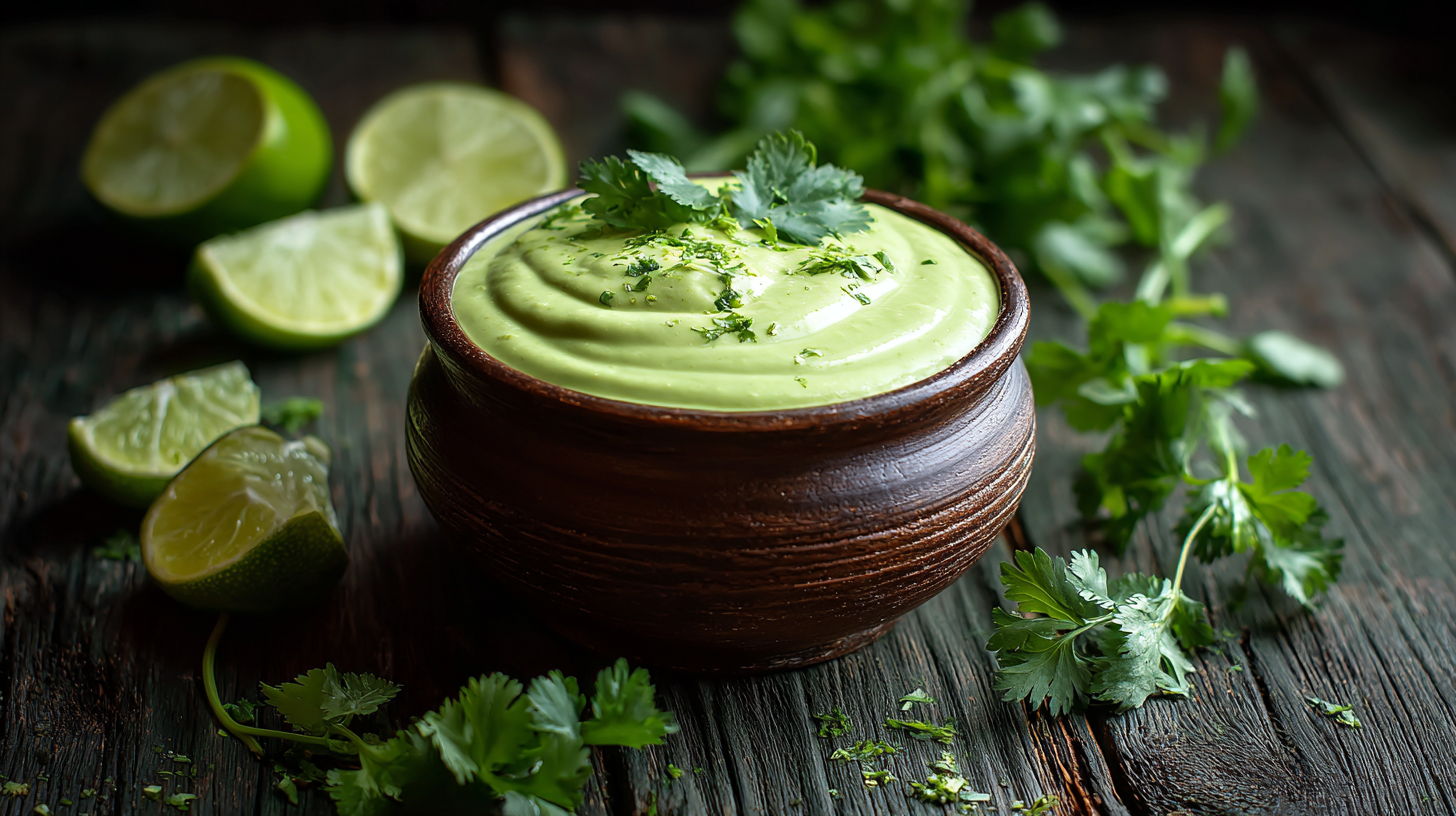 A brown bowl filled with creamy Avocado Cilantro Lime Sauce, garnished with cilantro, sits on a wooden surface surrounded by fresh cilantro leaves and halved limes.