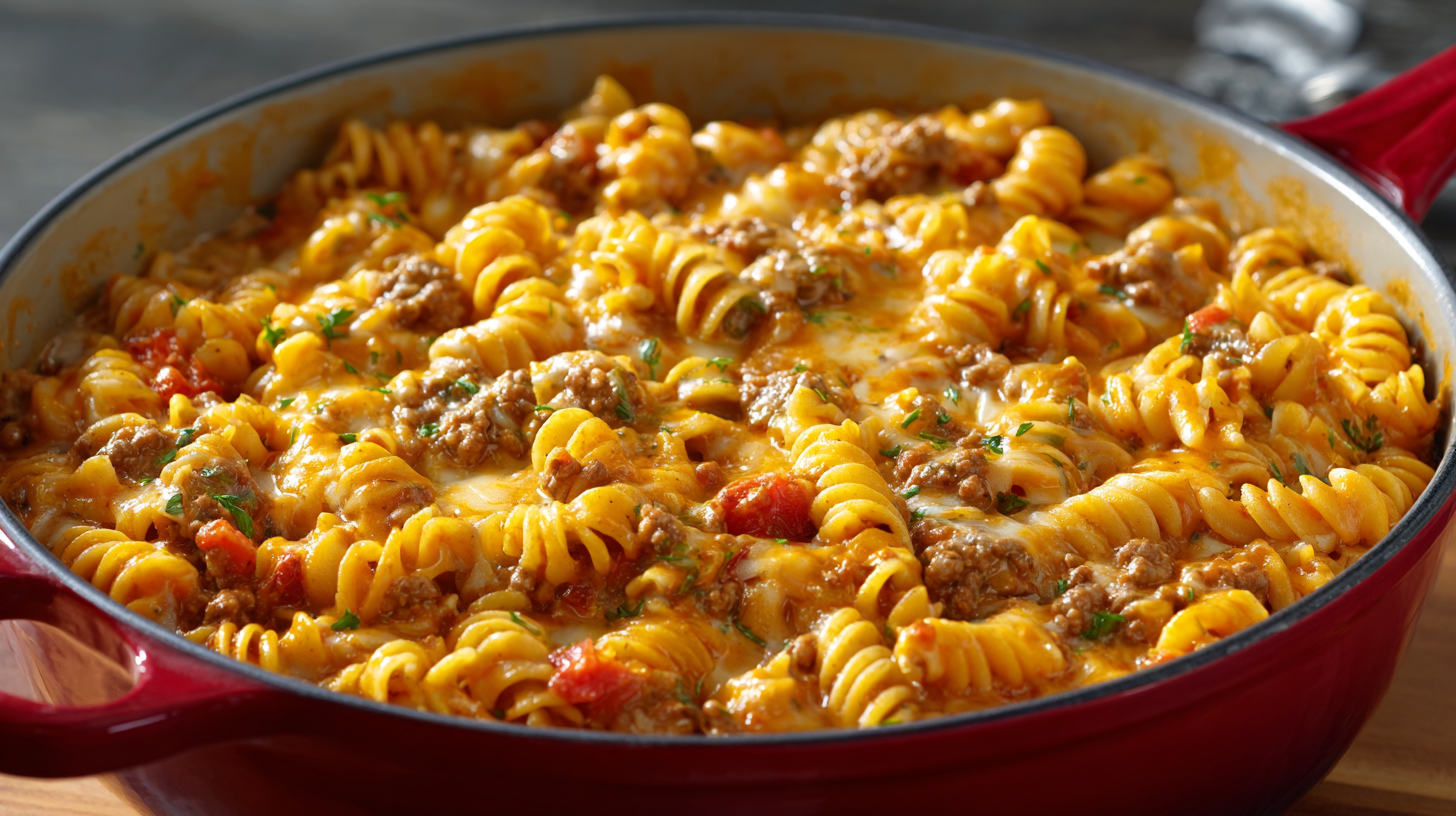 A red pot filled with cooked rotini pasta, ground meat, cheese, and tomato sauce creates a delicious One-Pot Cheeseburger Pasta Recipe.