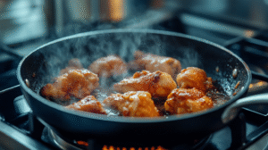Chicken pieces cooking and steaming in a frying pan on a gas stove—an easy way to prevent dry chicken and ensure juicy chicken recipes every time.