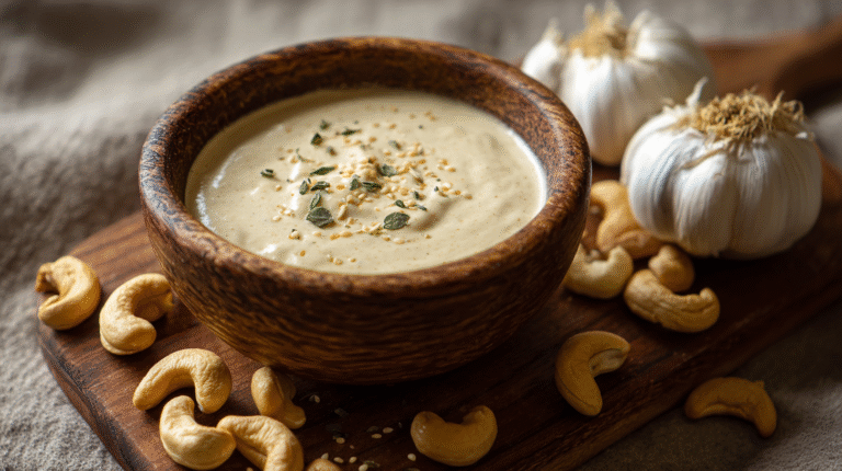 A wooden bowl of Creamy Cashew Garlic Sauce garnished with herbs, surrounded by raw cashews and whole garlic bulbs on a rustic wooden board.