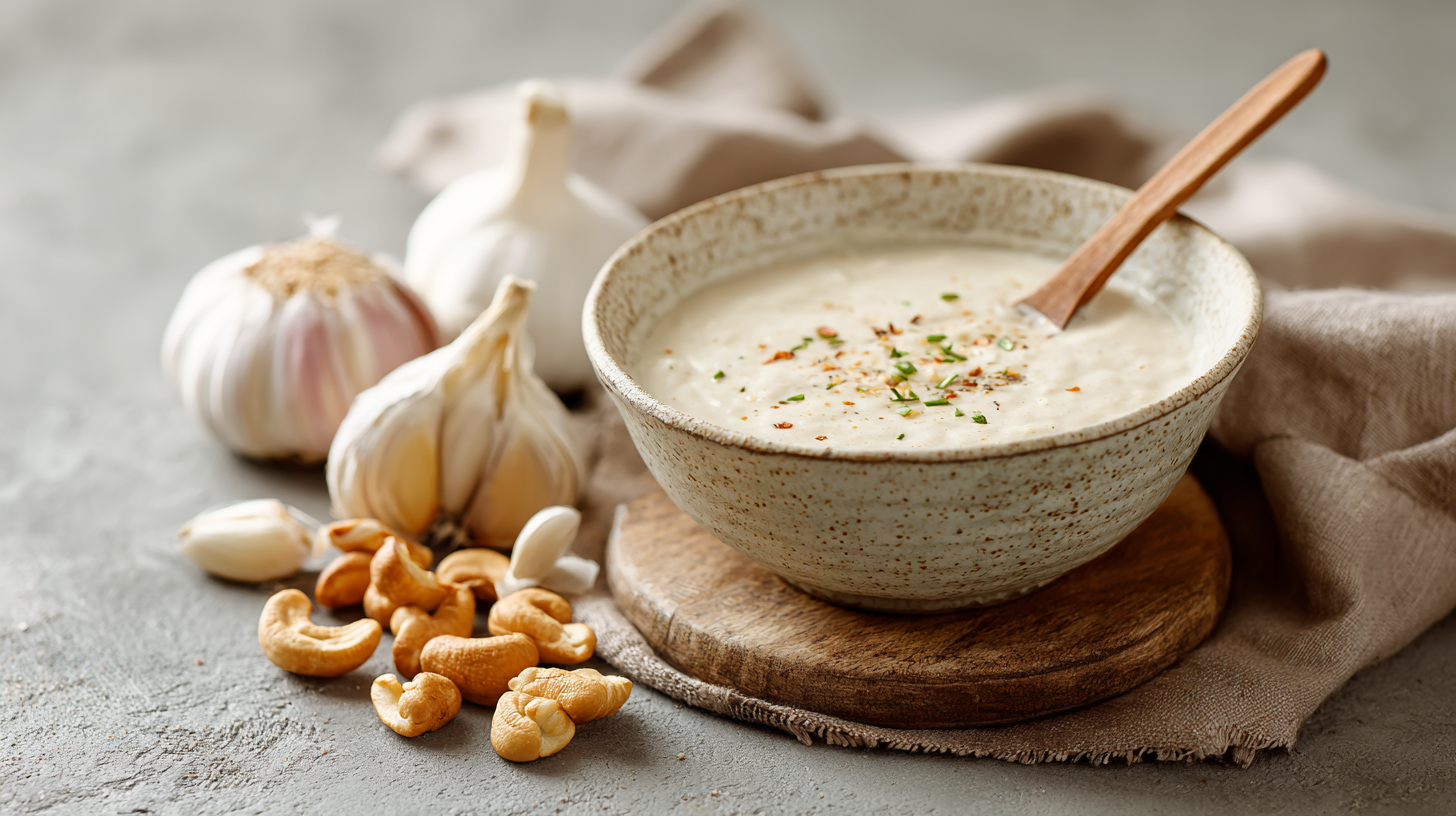 A bowl of creamy soup garnished with herbs sits on a wooden board alongside raw garlic bulbs and cashew nuts, evoking the rich flavors of Creamy Cashew Garlic Sauce, with a wooden spoon resting inside the bowl.