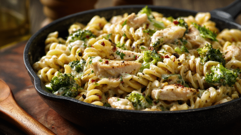 A skillet filled with Creamy Chicken & Broccoli Pasta, featuring tender rotini, juicy chicken, and vibrant broccoli, garnished with herbs and served on a wooden surface.