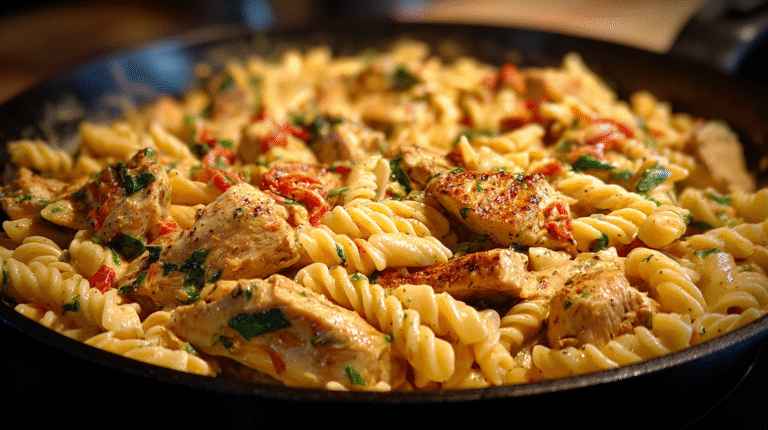 A skillet filled with rotini pasta, grilled chicken pieces, chopped spinach, and diced red peppers in a creamy sauce—this is the perfect Creamy Tuscan Chicken Pasta Recipe for a satisfying meal.