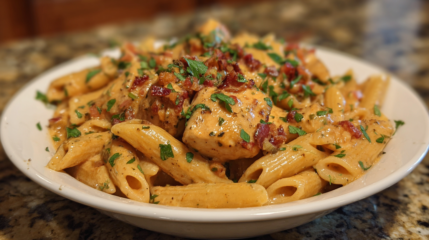 A bowl of penne pasta with creamy sauce, grilled chicken pieces, chopped herbs, and bits of bacon or prosciutto—this Creamy Tuscan Chicken Pasta Recipe is beautifully served on a white plate.