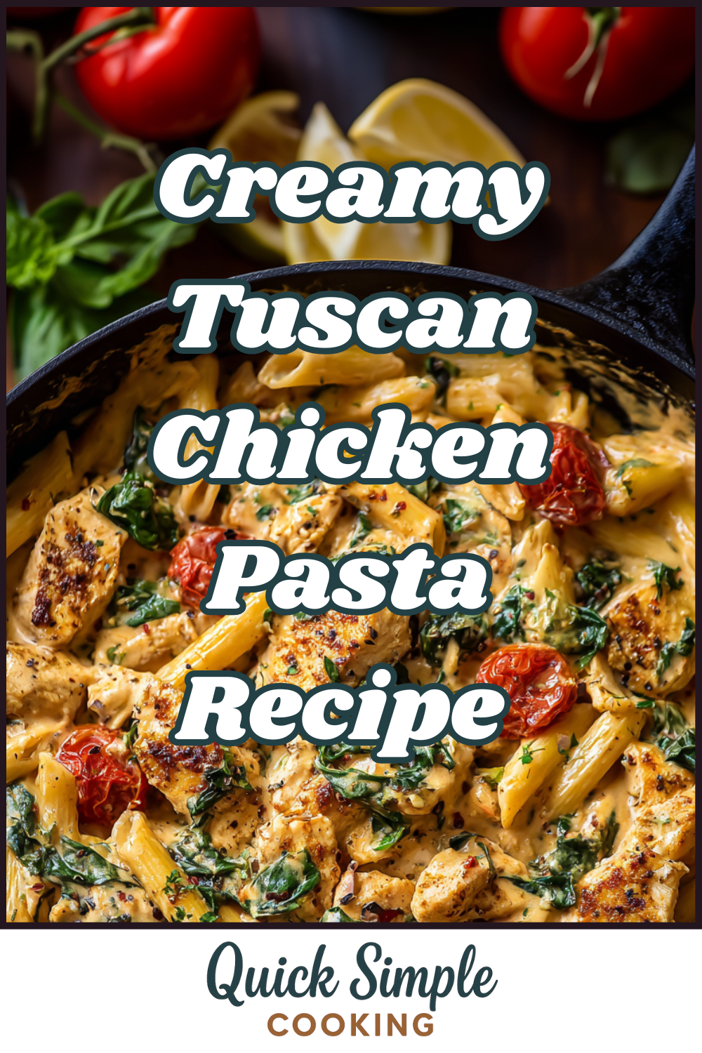 A skillet of Creamy Tuscan Chicken Pasta with spinach, tomatoes, penne, and herbs, topped with text reading 'Creamy Tuscan Chicken Pasta Recipe.'