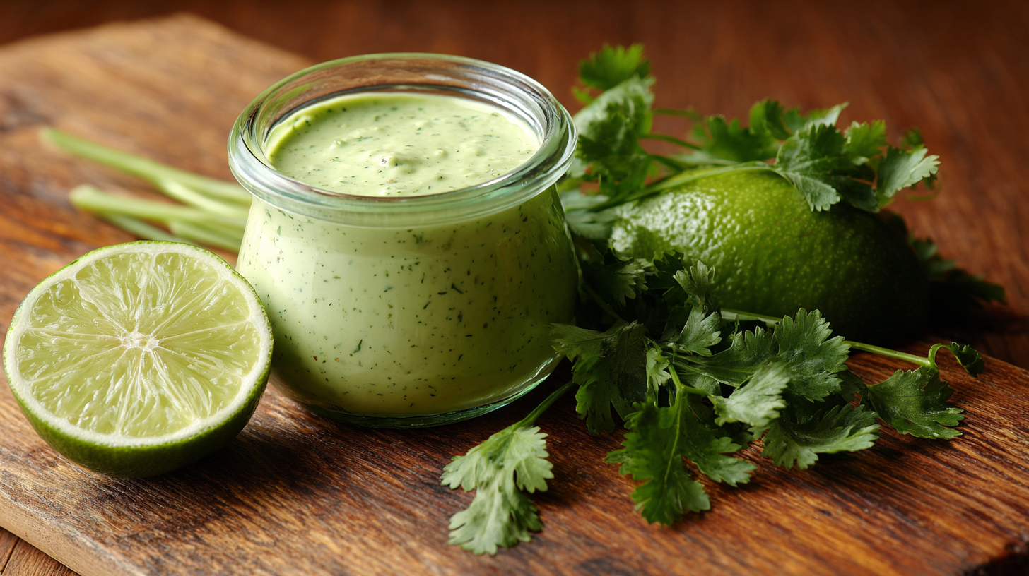 A small glass jar of Avocado Cilantro Lime Sauce sits on a wooden board next to fresh cilantro and a halved lime.