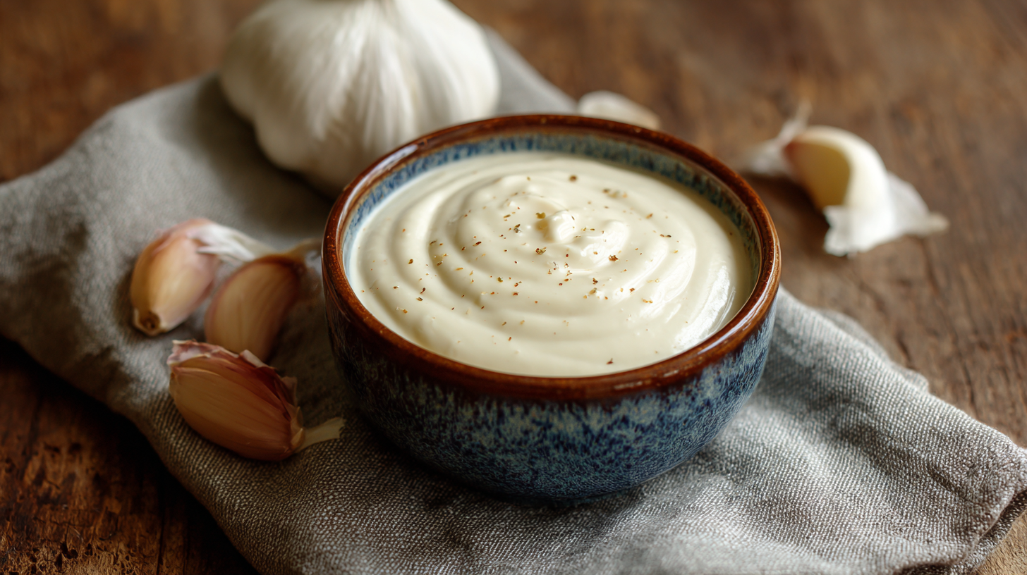 A bowl of creamy cashew garlic sauce sits on a gray cloth, surrounded by garlic cloves and a garlic bulb on a wooden surface.