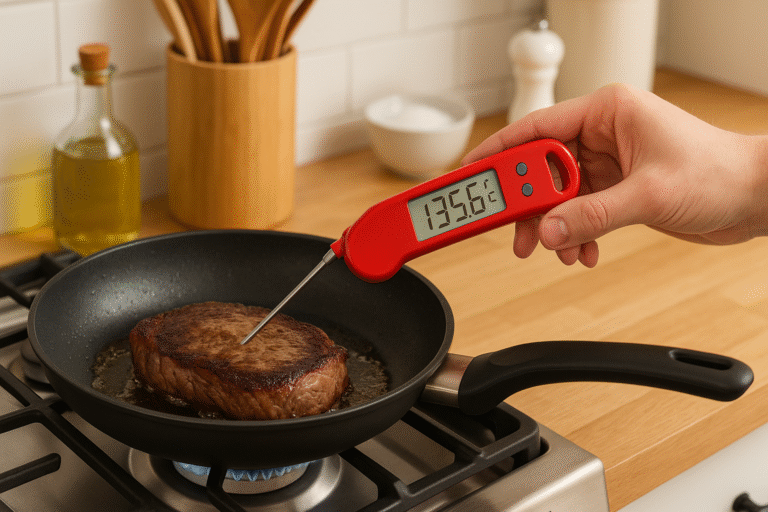 A hand uses the best meat thermometer to check a steak’s temperature in a frying pan on the stovetop; the red digital display reads 135.6°F.