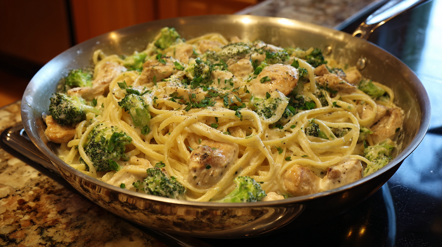 A stainless steel pan filled with Creamy Chicken & Broccoli Pasta—tender chicken pieces, pasta, and broccoli in a luscious sauce—garnished with chopped herbs, sits on a granite countertop.