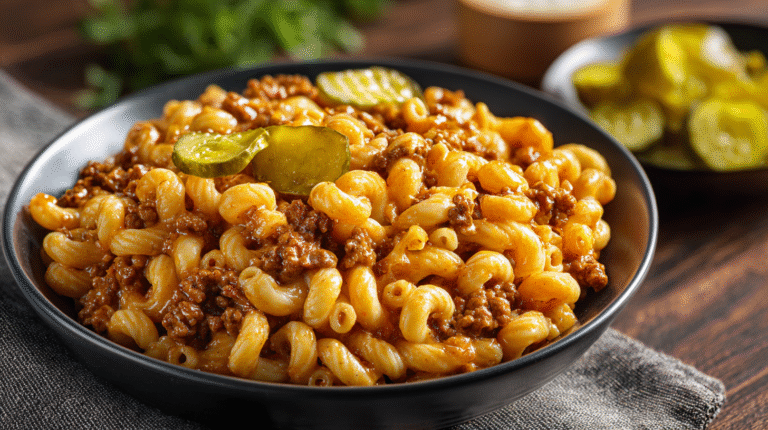 A bowl of macaroni pasta mixed with ground beef and sauce, topped with pickle slices, sits on a dark cloth with extra pickles in the background.