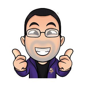 Cartoon character with glasses, short dark hair, and a beard, smiling widely and giving two thumbs up while wearing a purple jacket.