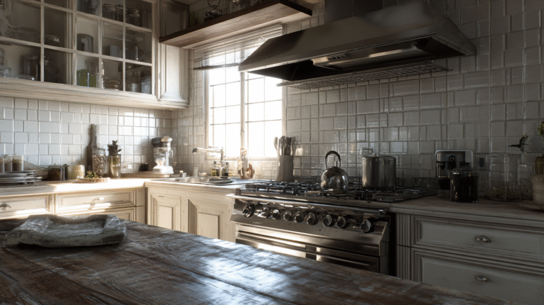 A sunlit kitchen with white tiled walls, wooden cabinets, a gas stove with a kettle and pot, and various essential kitchen tools and utensils for quick and simple cooking on the countertops.