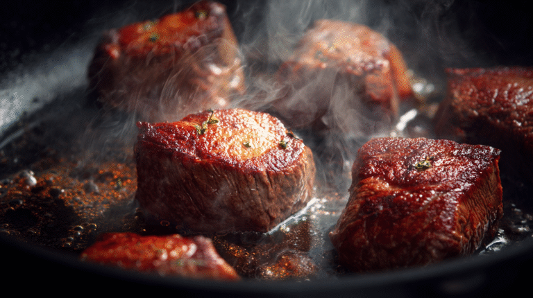 Several thick pieces of steak are searing in a hot, black skillet, with visible steam rising and a browned crust forming on the surface—perfect for following safe cooking practices with a handy meat thermometer guide.