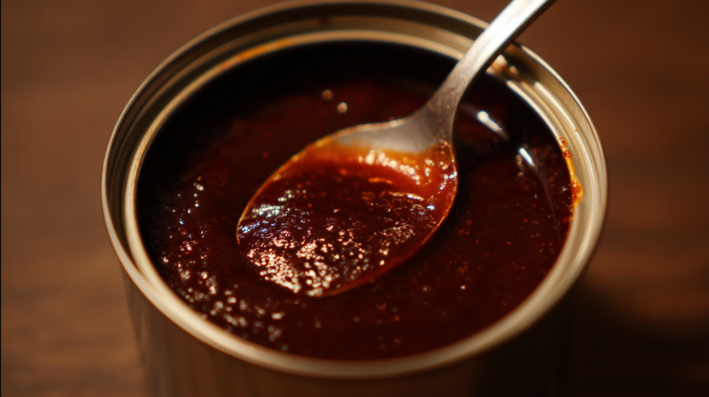 A close-up of an open can filled with thick red sauce, with a metal spoon scooping some of the Smoky Chipotle Mayo Recipe.