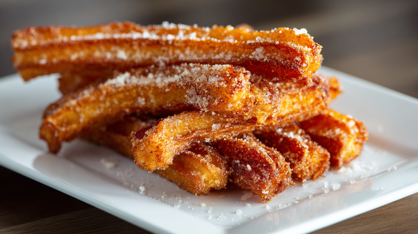 A stack of Bacon-Stuffed Cheddar Churros, sugar-coated and arranged on a white rectangular plate, set on a wooden surface.