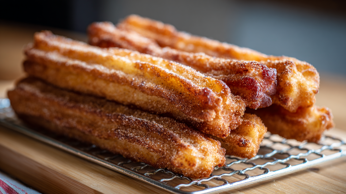 A stack of sugar-coated Bacon-Stuffed Cheddar Churros rests on a wire cooling rack atop a wooden surface.