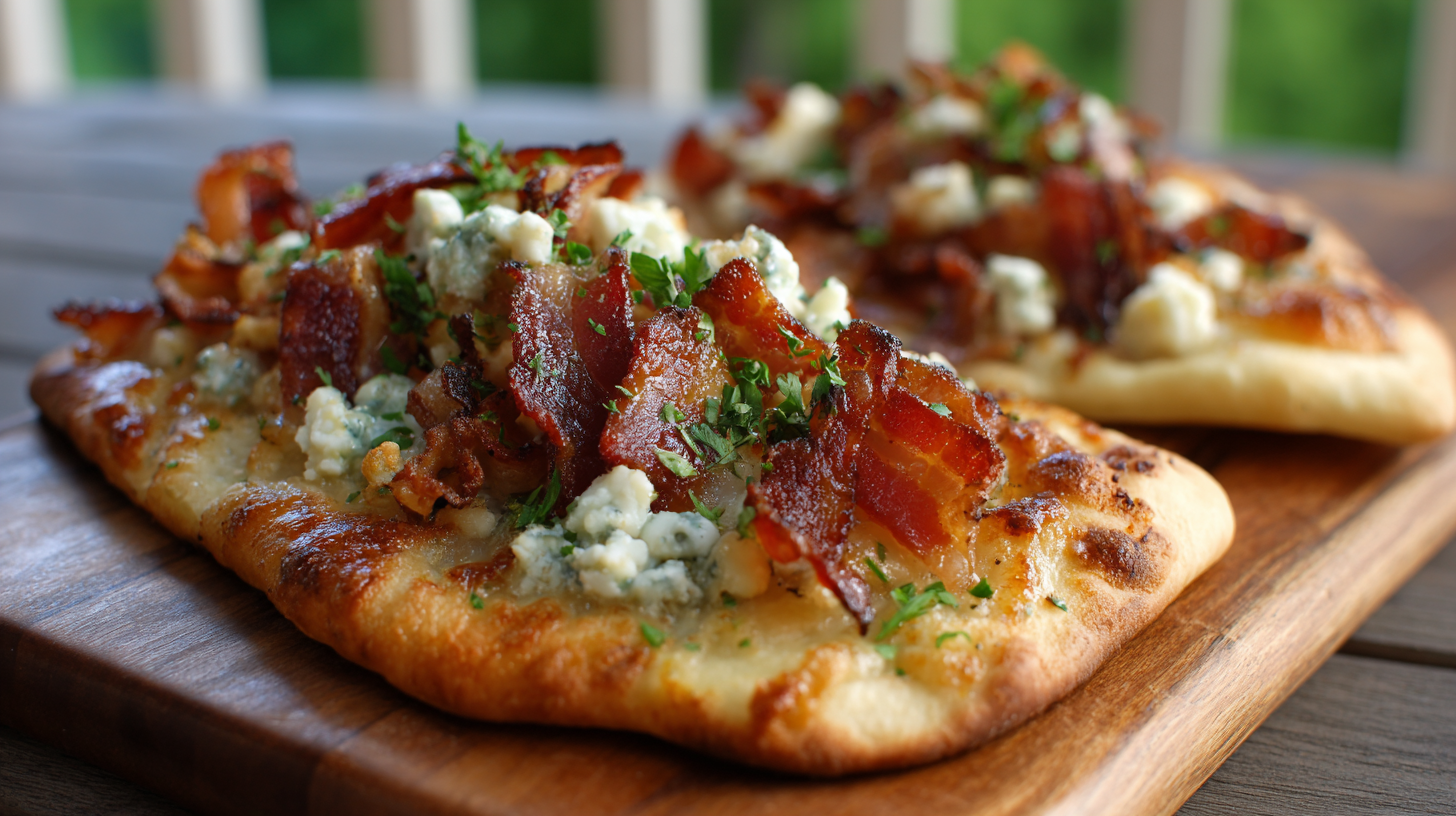 Smoked Bacon and Blue Cheese Flatbread topped with chopped herbs rests on a wooden board, set against a blurred outdoor background for a rustic touch.