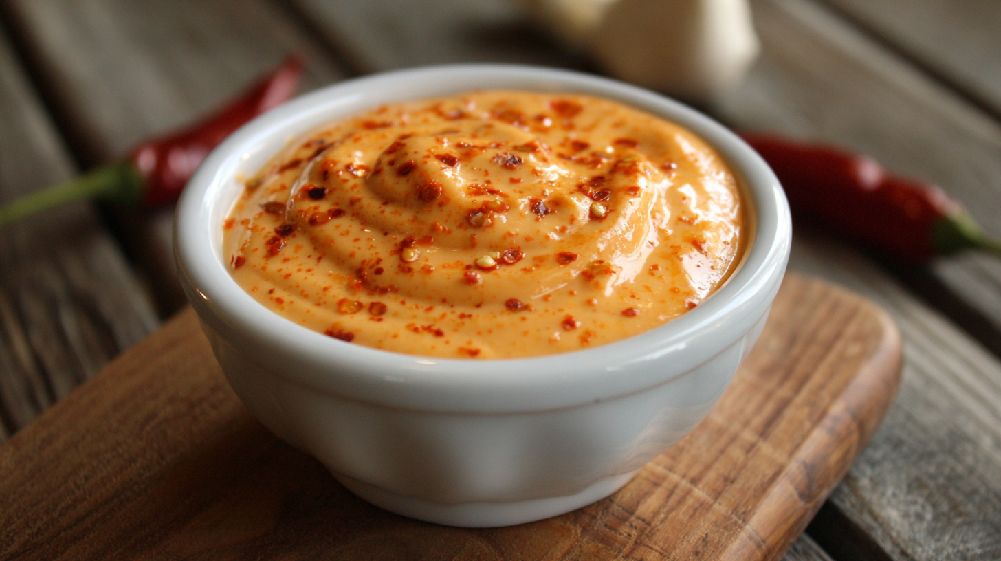 A small white bowl filled with creamy Spicy Sriracha Aioli, topped with red chili flakes, sits on a wooden surface with whole red chilies in the background.