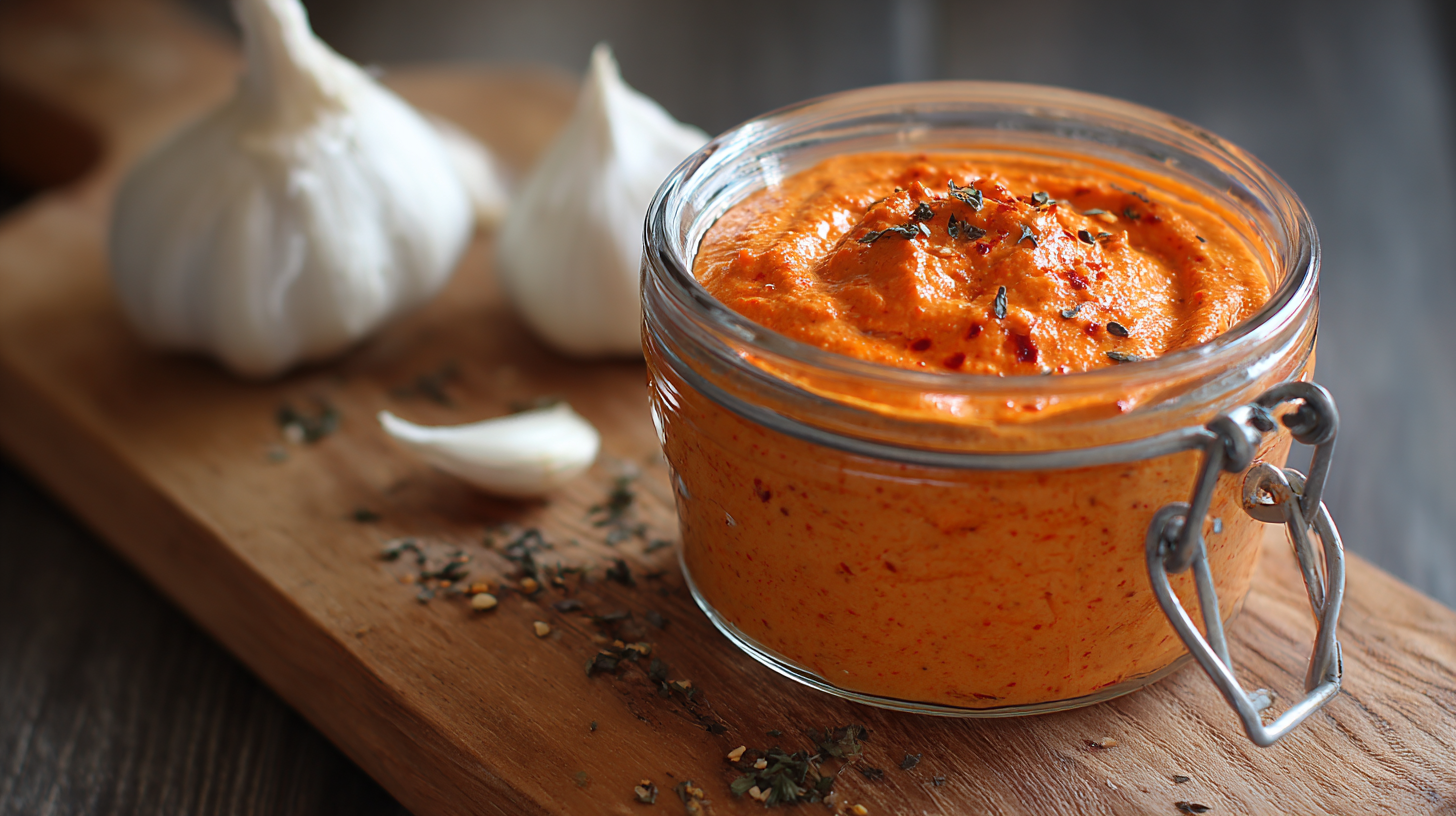 A glass jar of red pepper spread sits on a wooden board beside whole garlic bulbs and scattered dried herbs.