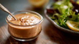 A glass bowl of creamy, reddish salad dressing with red pepper flakes and a spoon, next to a plate of mixed greens and a lemon wedge.