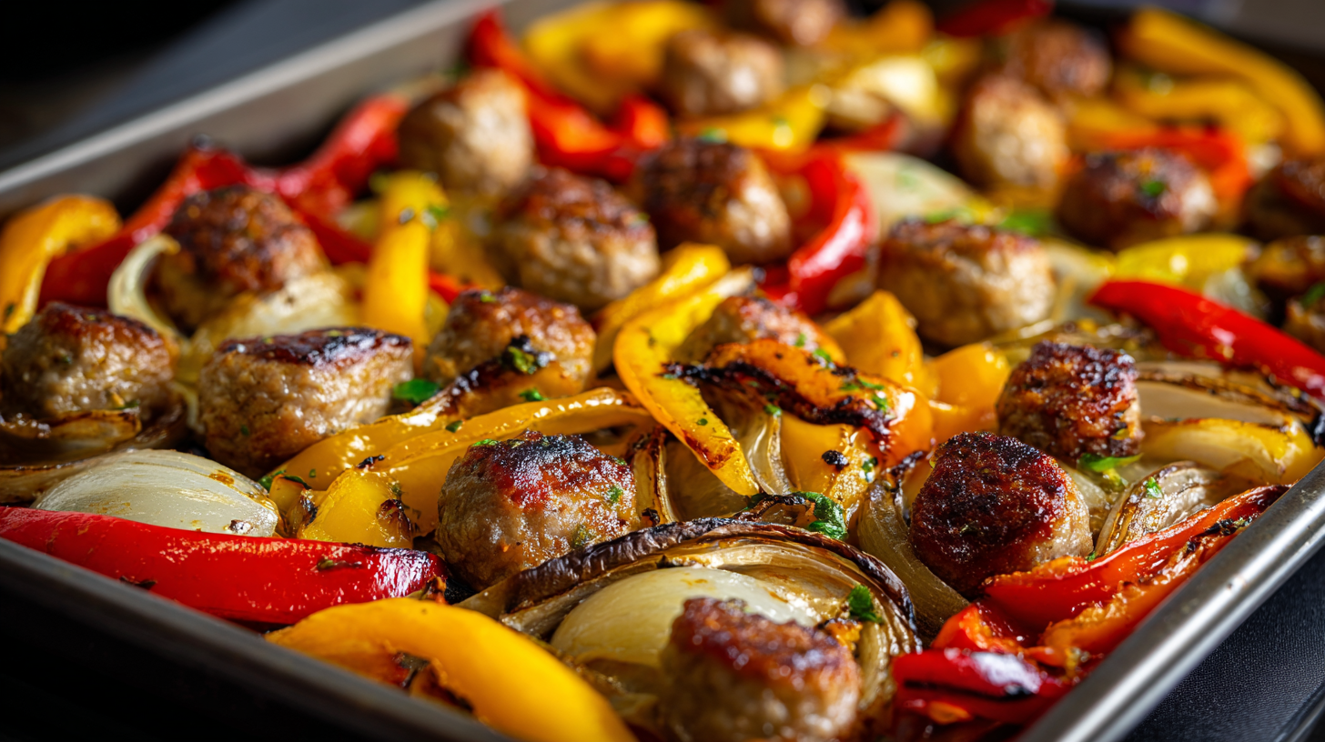 A baking tray filled with browned meatballs, roasted red and yellow bell peppers, and onions-just like a classic Sheet Pan Sausage Peppers and Onions dinner.