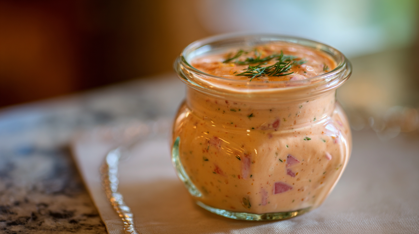 A small glass jar filled with creamy, orange-colored sauce containing chopped herbs and vegetables, garnished with fresh dill on top.