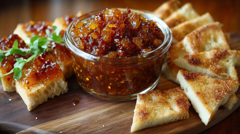 A glass jar filled with Hot Honey Mango Bacon Jam sits on a wooden board with scattered herbs, peppercorns, and a spoonful of the sweet, spicy jam beside it.