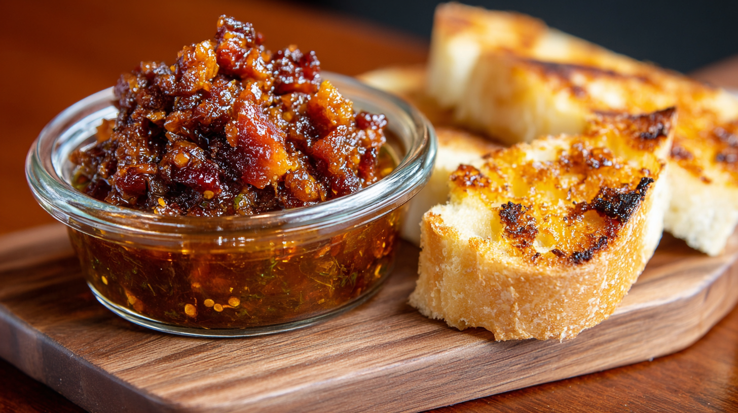 A glass bowl of chunky bacon jam sits on a wooden board next to three slices of grilled bread.