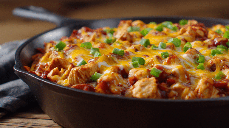 A cast iron skillet filled with a cheesy chicken and tomato casserole, topped with chopped green onions.