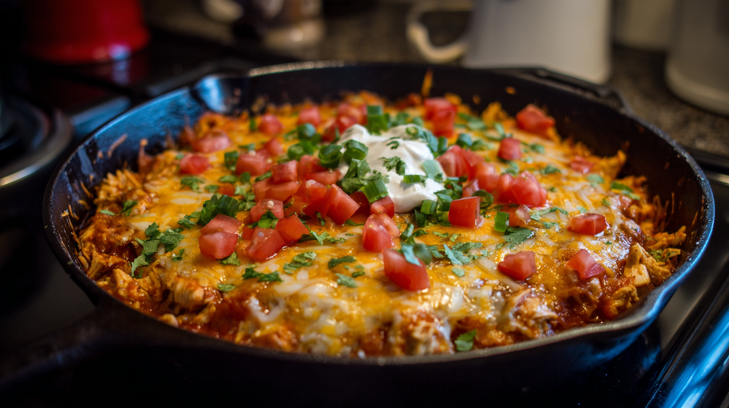 A cast iron skillet filled with baked cheesy casserole topped with chopped tomatoes, cilantro, and a dollop of sour cream.