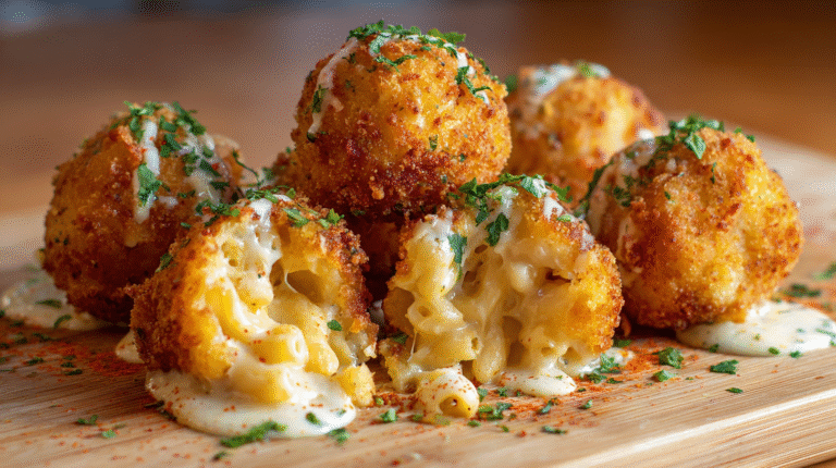Crispy, golden-brown Mac and Cheese Bites are garnished with chopped herbs and served on a wooden board with a creamy white sauce.