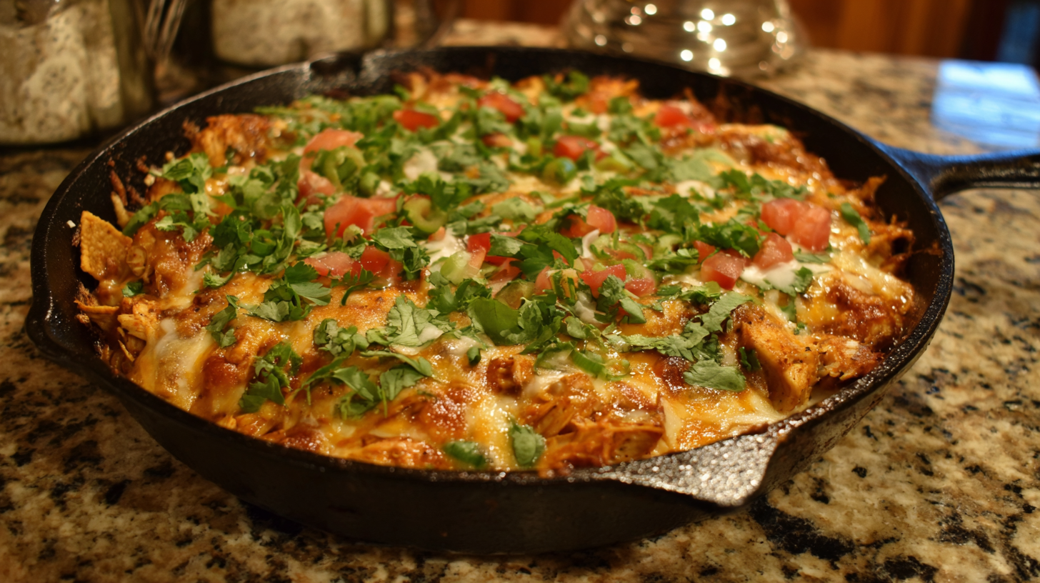 A cast iron skillet filled with baked casserole topped with melted cheese, chopped tomatoes, green peppers, and fresh cilantro, sitting on a granite countertop.