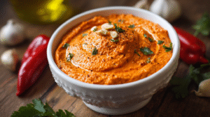 A white bowl filled with red pepper hummus, garnished with chopped herbs and nuts, sits on a wooden table surrounded by garlic, parsley, and red peppers.