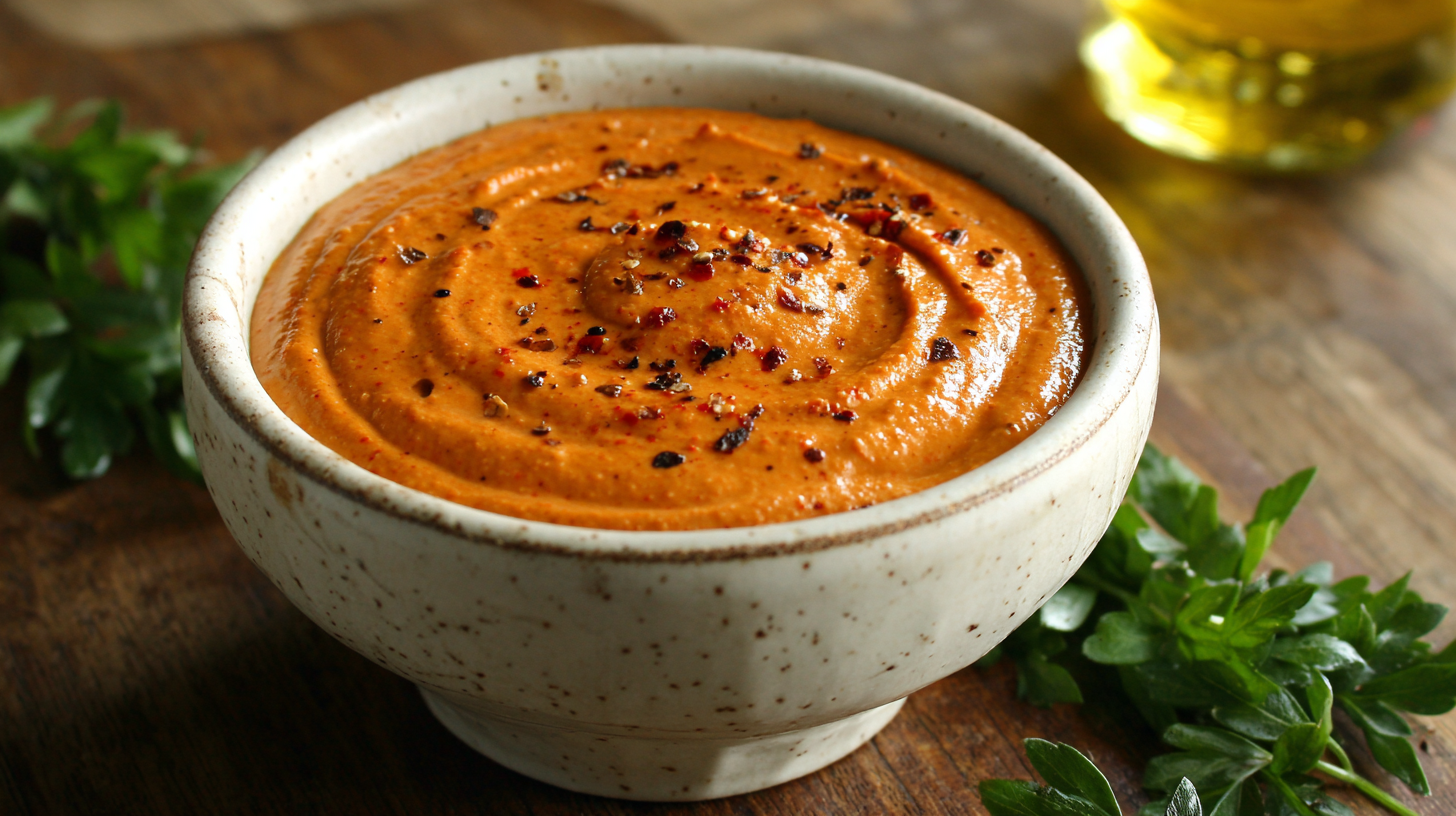 A ceramic bowl filled with creamy red pepper dip, garnished with ground pepper, sits on a wooden surface with fresh herbs nearby.