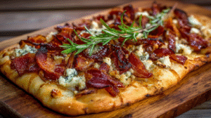 Smoked Bacon and Blue Cheese Flatbread features a rectangular flatbread topped with crispy bacon, crumbled blue cheese, and fresh rosemary, all served on a wooden board.