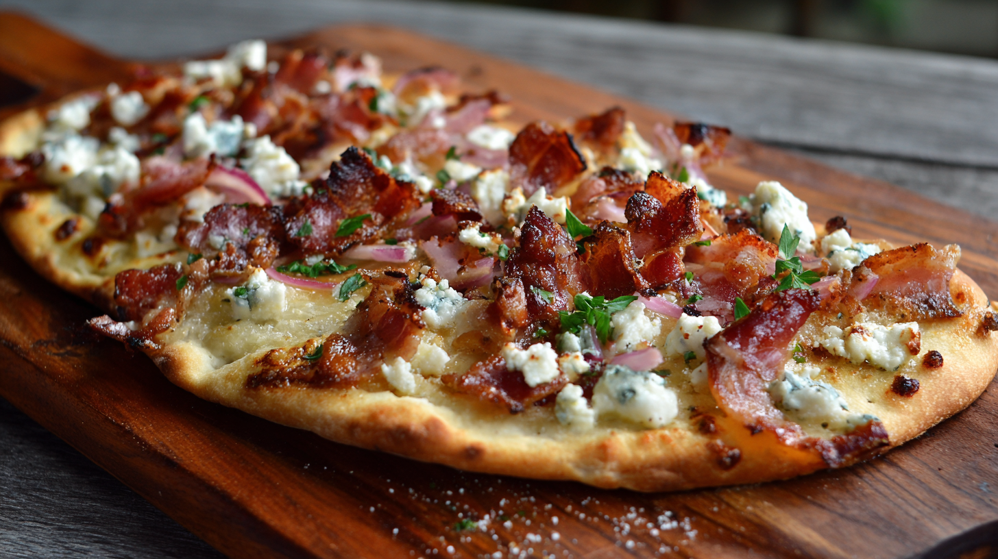 A Smoked Bacon and Blue Cheese Flatbread pizza topped with crispy bacon, crumbled blue cheese, red onions, and fresh herbs on a wooden serving board.