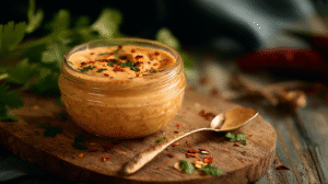 A small glass jar of creamy orange Smoky Chipotle Mayo sits on a wooden board next to a spoon, garnished with herbs and chili flakes, with extra herbs and chili flakes scattered around.