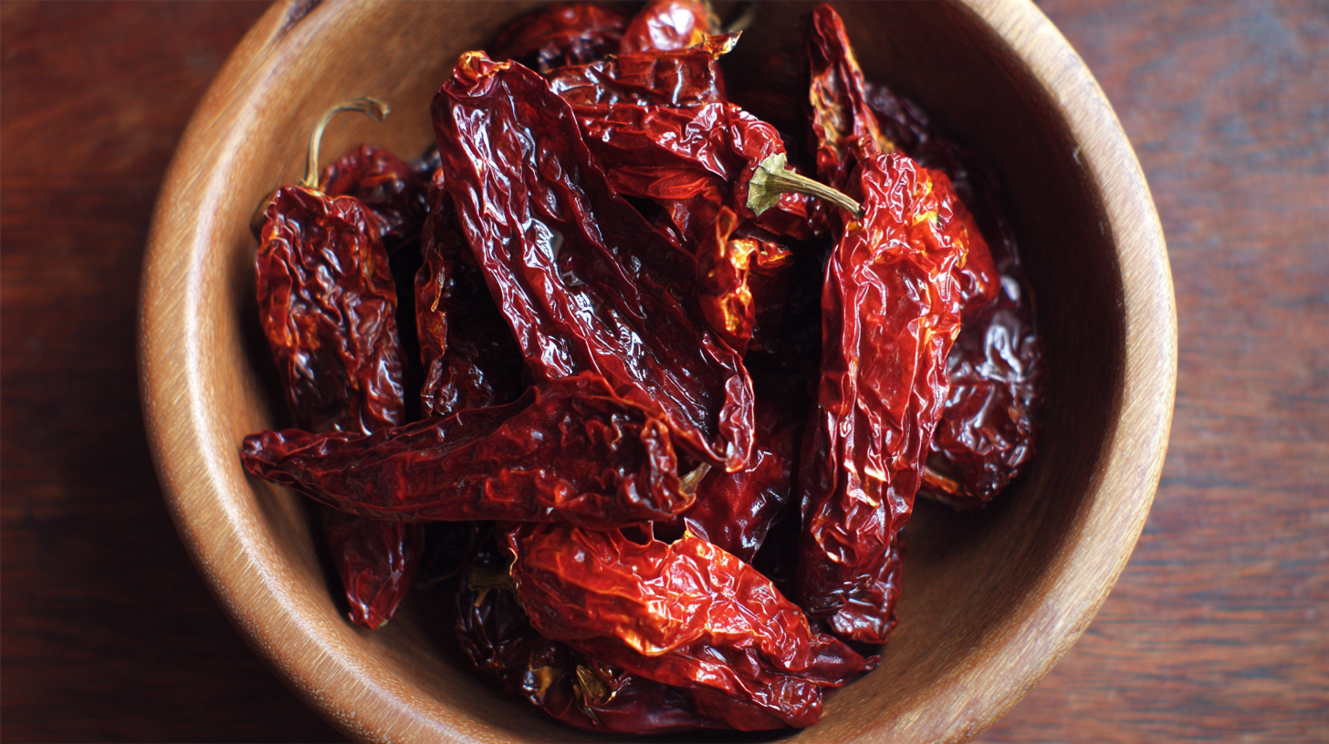 A wooden bowl filled with whole dried red chili peppers, perfect for adding heat to your favorite smoky chipotle mayo recipe, sits on a dark wooden surface.