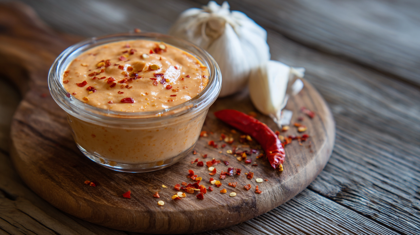 A small glass bowl of creamy, orange-colored Spicy Sriracha Aioli dip topped with chili flakes sits on a wooden board, next to garlic cloves and a dried red chili pepper.