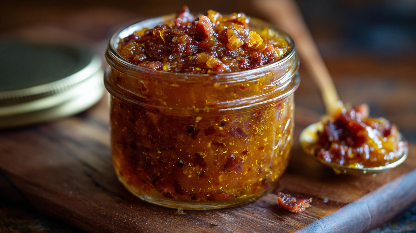 A glass jar filled with bacon jam sits on a wooden board, with a spoonful of the jam in the background and a metal lid nearby.