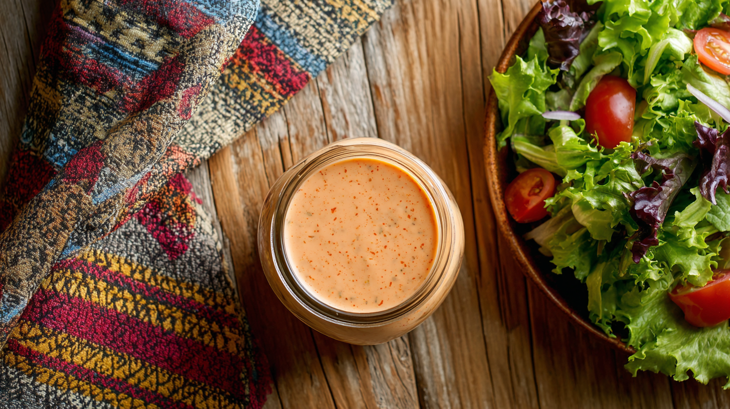 A glass jar of creamy, orange salad dressing sits on a wooden table next to a bowl of mixed green salad and a colorful patterned cloth napkin.