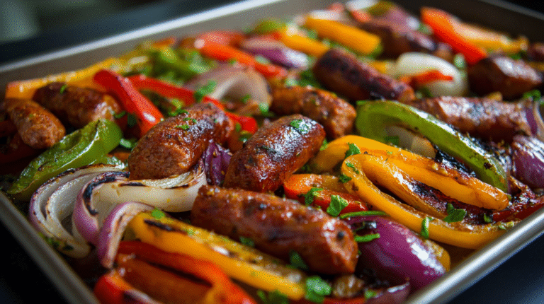 A baking sheet filled with Sheet Pan Sausage Peppers and Onions—cooked sausages, sliced red, yellow, and green bell peppers, and red onions, all garnished with chopped herbs.