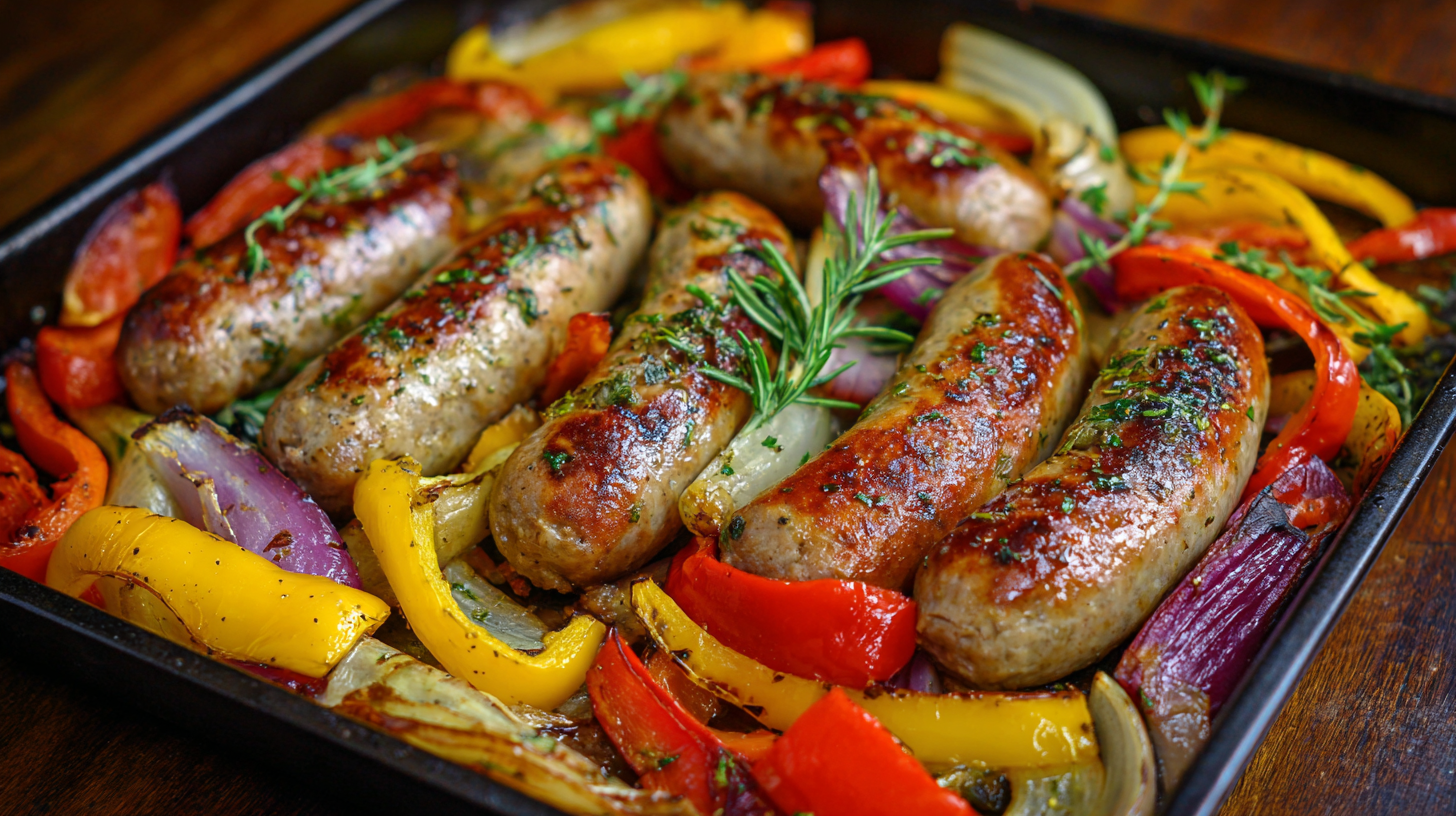 Sheet Pan Sausage Peppers and Onions roasted with sliced red and yellow bell peppers, red onions, and herbs on a baking tray.