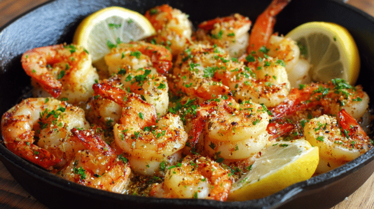 Lemon Garlic Shrimp cooked to perfection, garnished with fresh herbs and lemon wedges in a black skillet.