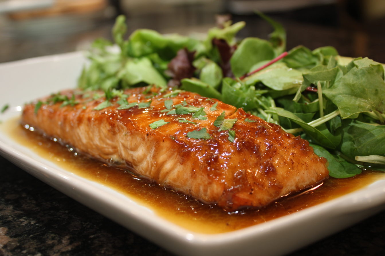 A glazed, cooked Baked Salmon with Brown Sugar Glaze fillet served on a white plate with mixed green salad and fresh herbs on top.