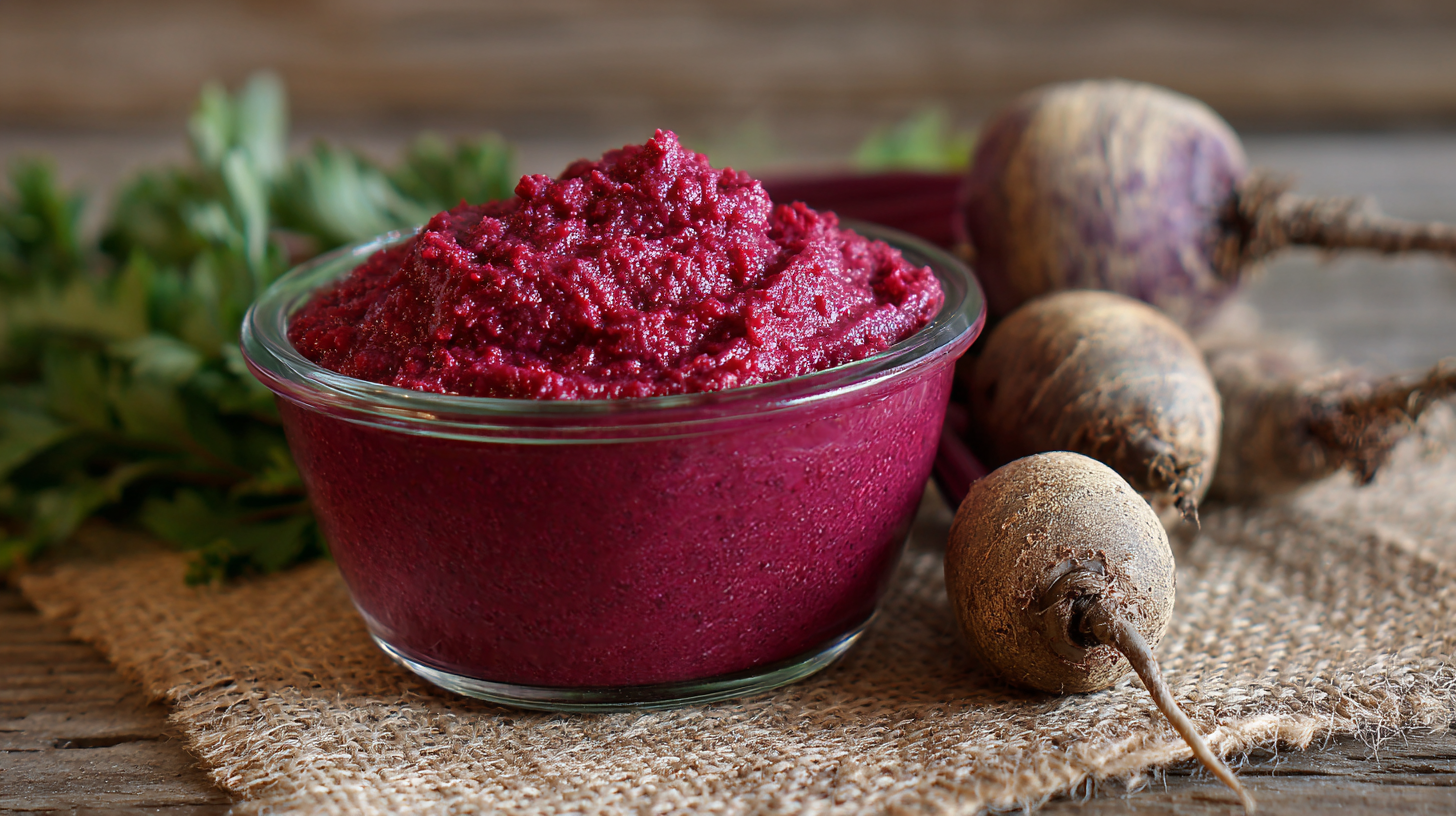 A glass bowl filled with vibrant red Beet Horseradish Sauce sits on a burlap cloth, with fresh beetroots and parsley in the background on a wooden surface.